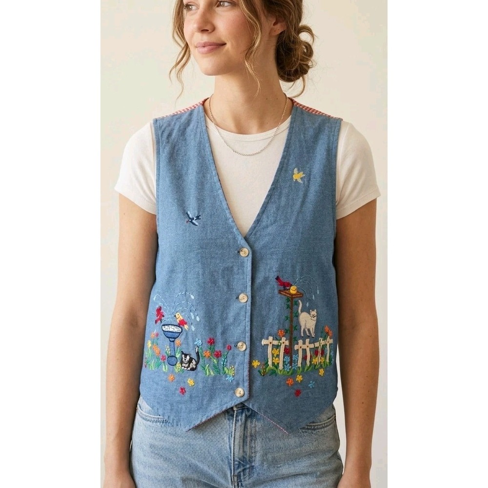 Vintage 90s Casey & Max Embroidered Cat and Bird Denim Vest Size S Cottagecore